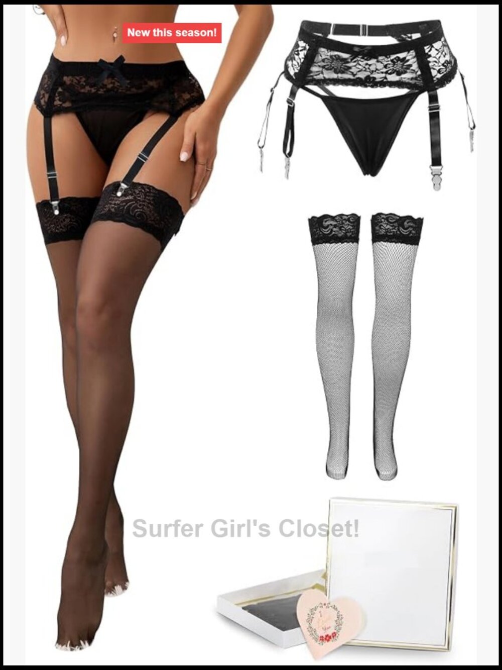 Plus Size Lace Garter Belt Set with 4 Straps Metal Clips & Thong